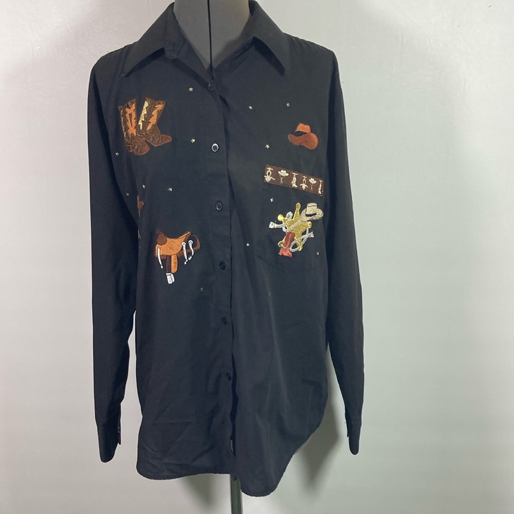 Afiva Shirt Women Size M Black Western Embroidered Detail